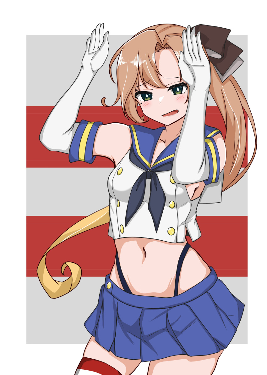 absurdres, akigumo_(kancolle), black_panties, breasts, cosplay, elbow_gloves, gloves, green_eyes, highleg, highleg_panties, highres, kantai_collection, light_brown_hair, medium_breasts, navel, panties, shimakaze_(kancolle), shimakaze_(kancolle)_(cosplay), side_ponytail, striped, striped_legwear, thigh-highs, tokiwa_senkei, underwear, white_gloves