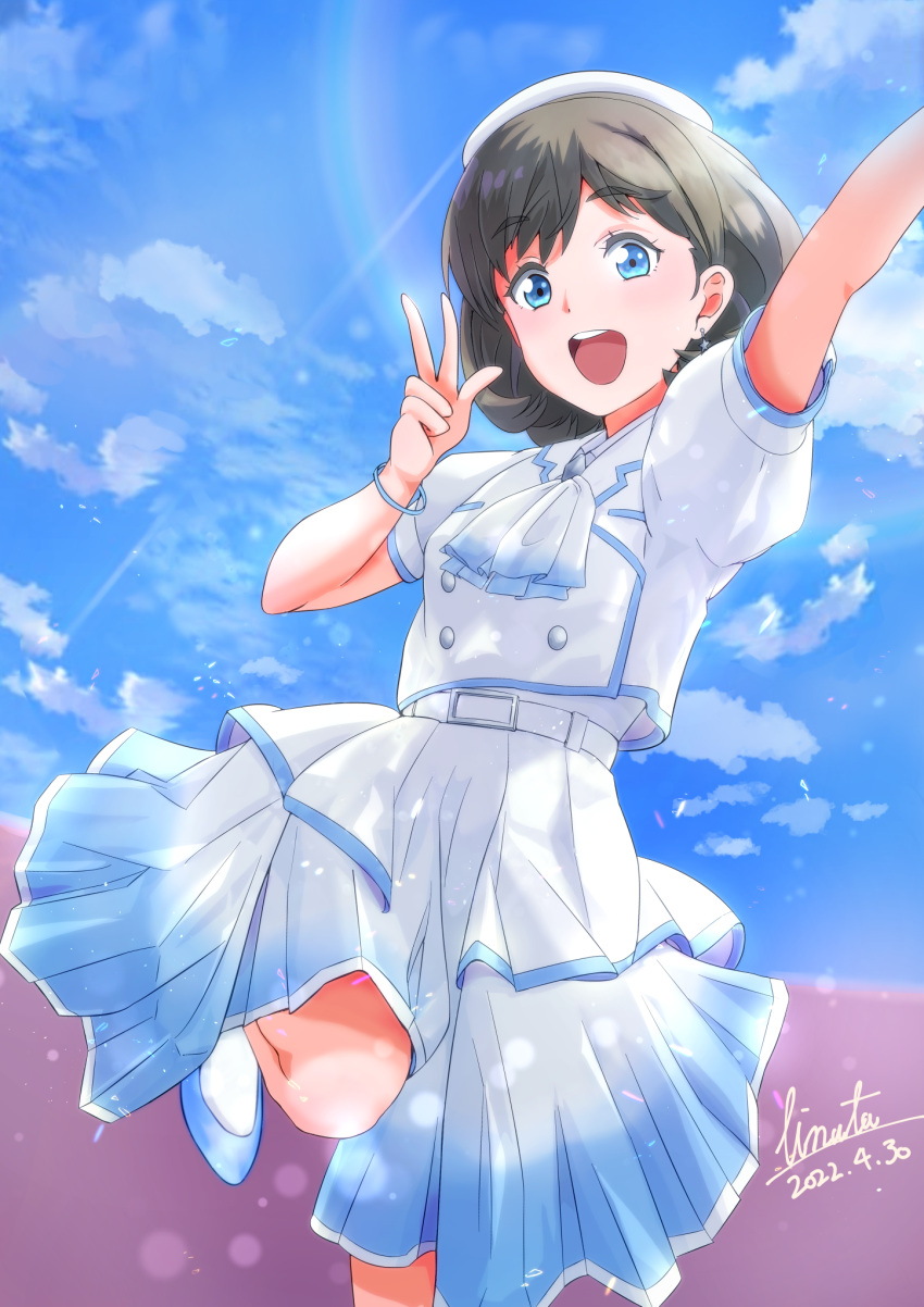1girl, :d, arm_up, ascot, bangle, belt, belt_buckle, blue_eyes
