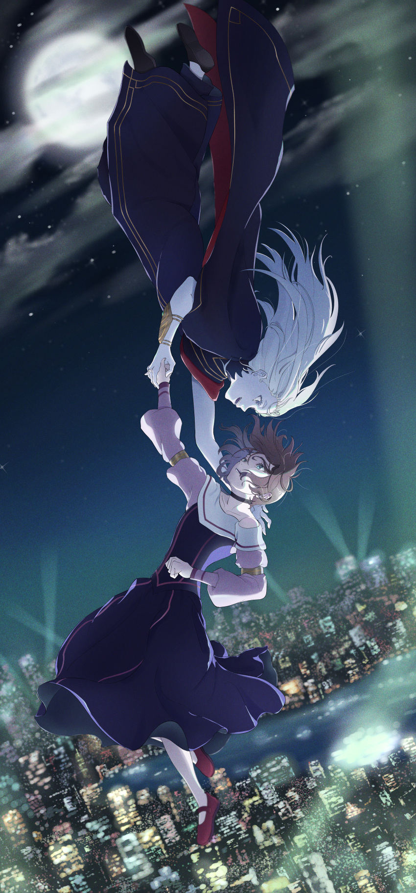 2girls, absurdres, armlet, black_footwear, blue_eyes, blurry, blurry_background, bracer, brown_hair, clenched_hand, dress, eye_contact, fine_(vampire_in_the_garden), gold_trim, grey_eyes, highres, holding_hands, jpeg_artifacts, lai_charles, long_sleeves, looking_at_another, midair, momo_(vampire_in_the_garden), moon, multiple_girls, night, night_sky, open_mouth, pale_skin, red_eyes, red_footwear, scenery, sky, vampire, vampire_in_the_garden