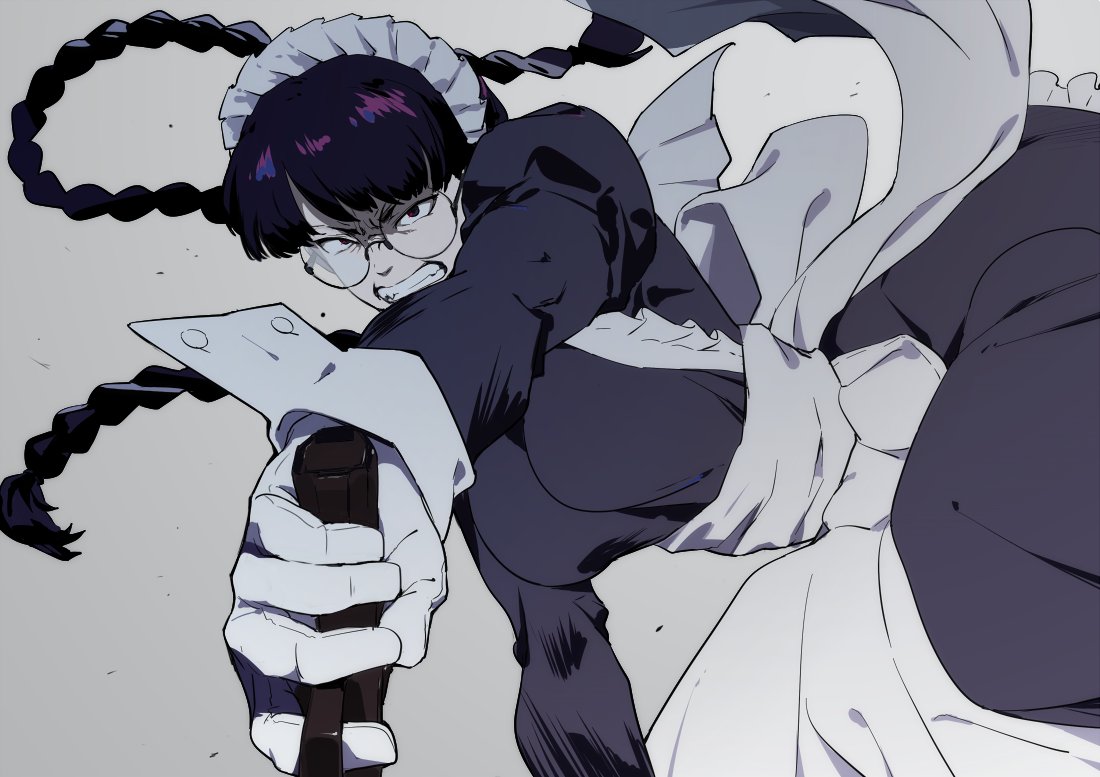 1girl, angry, black-framed_eyewear, black_eyes, black_lagoon, bow, braid, clenched_teeth, frills, glasses, gloves, grey_background, grey_bow, gun, holding, holding_gun, holding_weapon, large_bow, long_hair, maid, maid_headdress, purple_hair, roberta_(black_lagoon), simple_background, sohin, solo, teeth, twintails, weapon, white_gloves