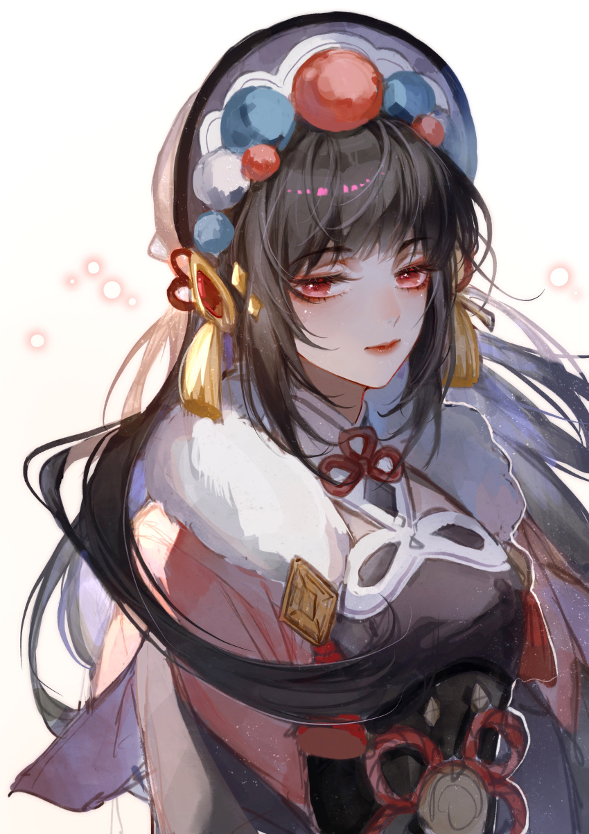 1girl, absurdres, bangs, black_hair, black_headwear, bonnet, capelet, chinese_commentary