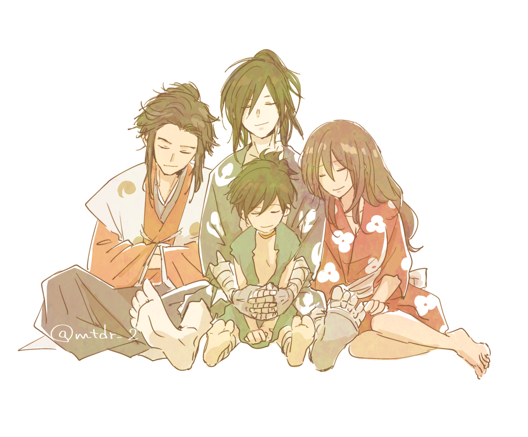 2boys, 2girls, bandages, bangs, black_hair, brothers, closed_eyes, commentary_request