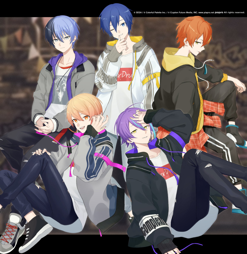 5boys, absurdres, adidas, aoyagi_touya, april_fools, aqua_hair, black_hair, black_jacket