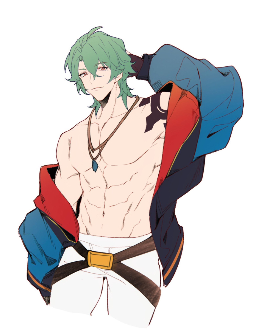 1boy, abs, black_gloves, blue_jacket, chinese_commentary, closed_mouth, commentary_request, cowboy_shot, cropped_legs, eyebrows_visible_through_hair, gloves, green_hair, groin, hair_between_eyes, highres, jacket, jewelry, joe_(sk8), looking_at_viewer, male_focus, muscular, muscular_male, necklace, no_nipples, open_clothes, open_jacket, orange_eyes, pants, pectorals, shoulder_tattoo, simple_background, sk8_the_infinity, solo, tattoo, topless_male, white_background, white_pants, yusa_(yusa0751)