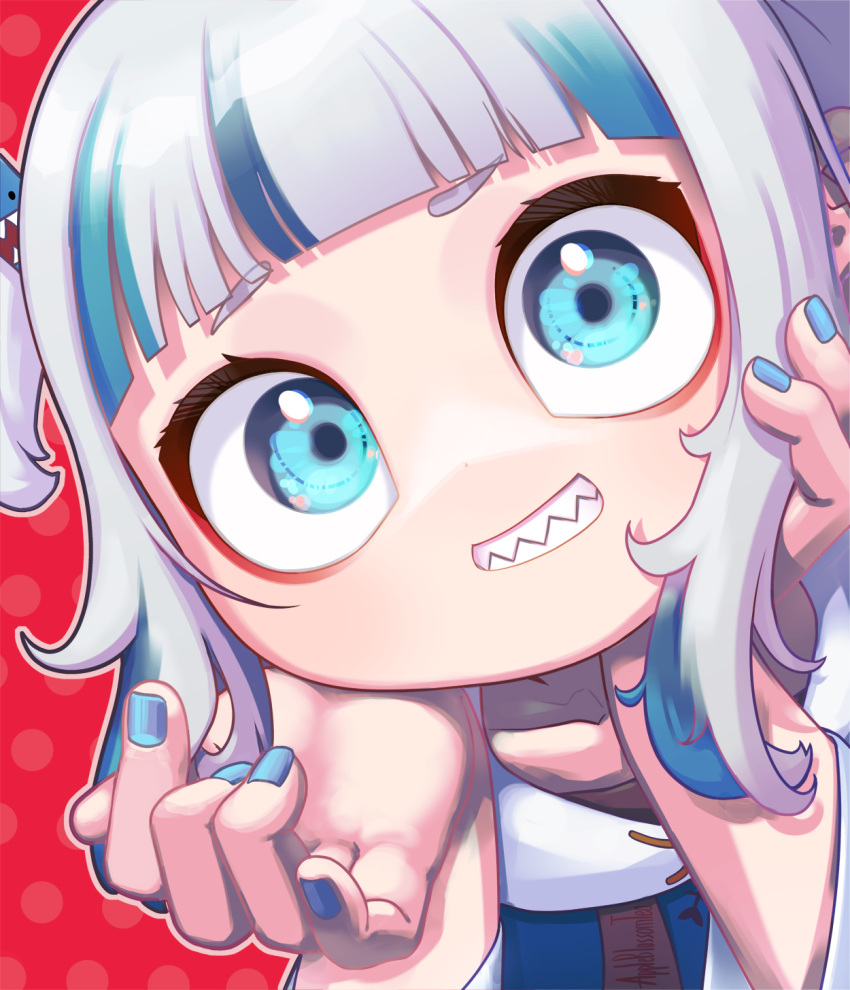 1girl, appleblossomtea, bangs, blue_eyes, blue_hoodie, blue_nails, blunt_bangs, gawr_gura