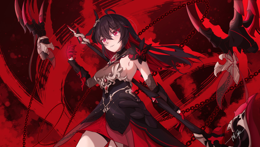 1girl, absurdres, ahoge, armlet, bangs, black_dress, closed_mouth, dress