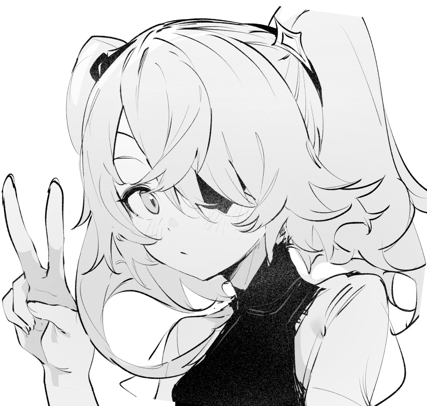 1girl, bangs, blush, closed_mouth, commentary, crossed_bangs, ddari, dot_mouth, eyepatch, fischl_(genshin_impact), genshin_impact, greyscale, hair_between_eyes, hair_over_one_eye, hair_ribbon, halterneck, hand_up, highres, leotard, long_hair, looking_at_viewer, monochrome, ribbon, sidelocks, simple_background, sketch, solo, stippling_(texture), two_side_up, v, white_background