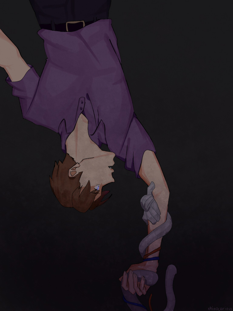 1boy, 1other, arm_grab, blue_eyes, brown_hair, ennard, five_nights_at_freddy's, five_nights_at_freddy's:_sister_location, michael_afton, purple_shirt, rhinocerus_(hetalia_e), robot, shirt, short_hair, solo_focus, upside-down