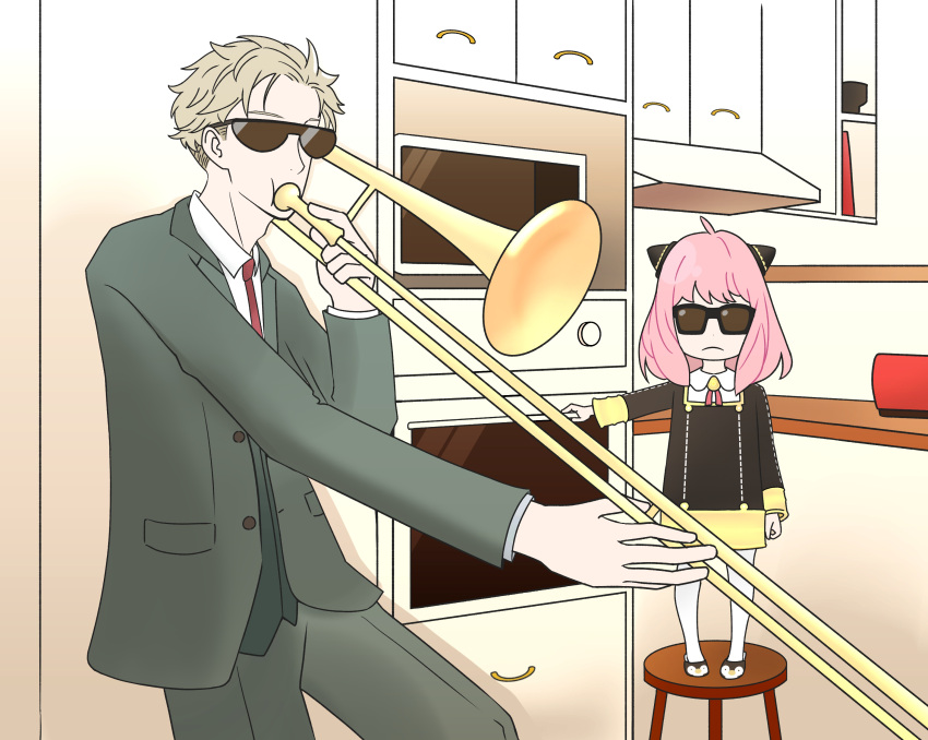 1boy, 1girl, absurdres, ahoge, anya_(spy_x_family), black-framed_eyewear, child, coat