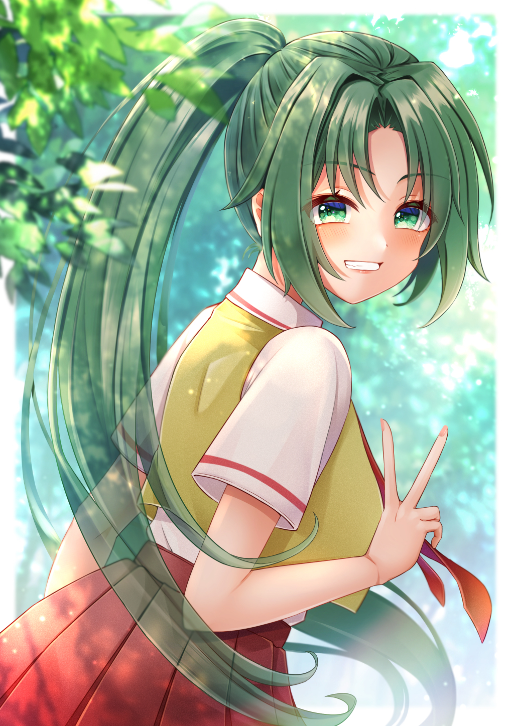 1girl, bangs, blush, border, cropped_vest, dappled_sunlight, fang, from_behind, green_eyes, green_hair, grin, hair_intakes, hand_up, highres, higurashi_no_naku_koro_ni, long_hair, looking_at_viewer, looking_back, nail_polish, nekko_(nxtuko), outdoors, parted_bangs, pleated_skirt, ponytail, shirt_tucked_in, short_sleeves, skirt, smile, solo, sonozaki_mion, sunlight, translucent_hair, tree, v, very_long_hair, vest