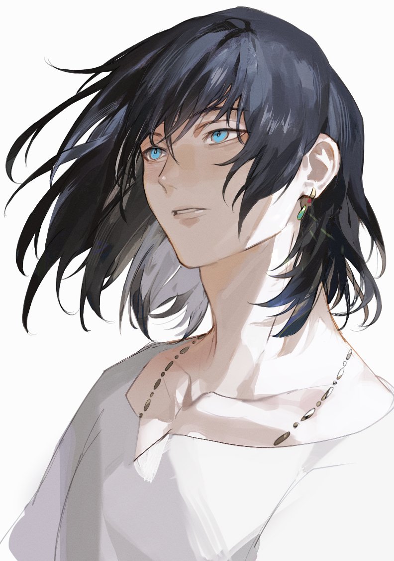 1boy, aqua_eyes, bangs, black_hair, collarbone, crossed_bangs, earrings, expressionless, hair_between_eyes, howl_(howl_no_ugoku_shiro), howl_no_ugoku_shiro, jewelry, long_sleeves, looking_to_the_side, male_focus, medium_hair, necklace, necklace_under_clothes, open_mouth, shirt, sidelocks, simple_background, solo, srro_yo, teeth, white_background, white_shirt