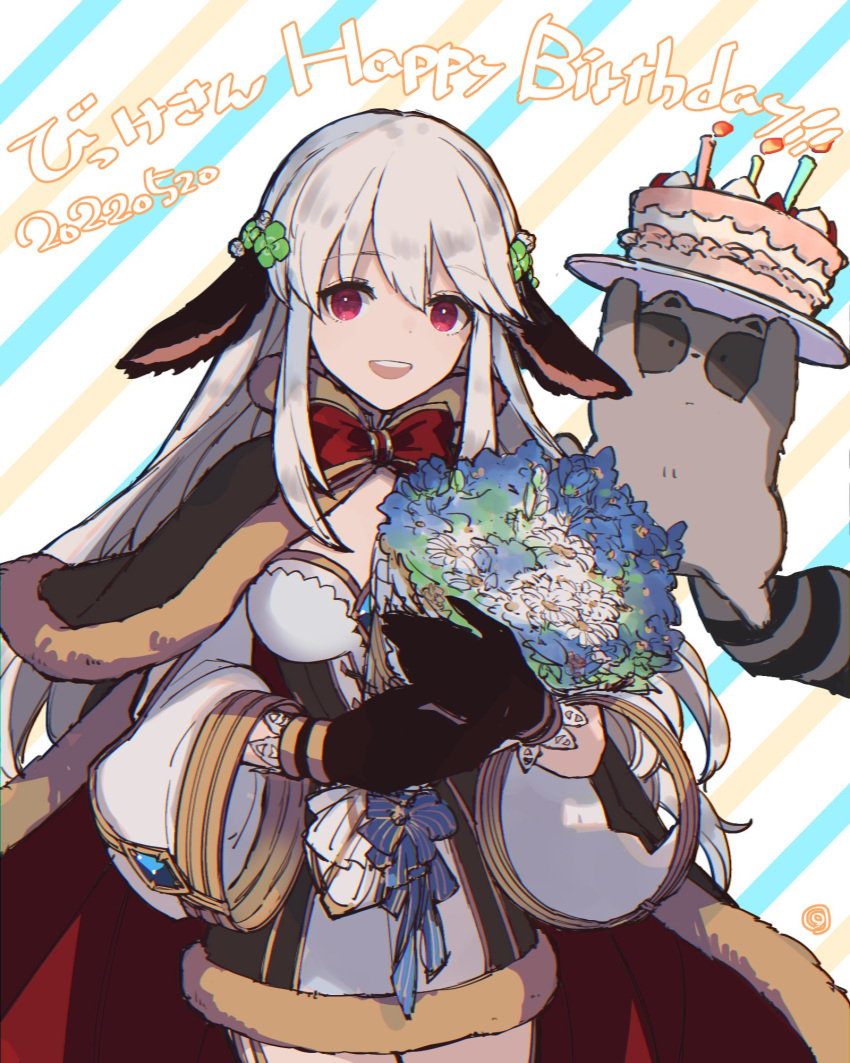 1girl, animal_ears, bangs, birthday_cake, black_gloves, blue_flower, borrowed_character, bow