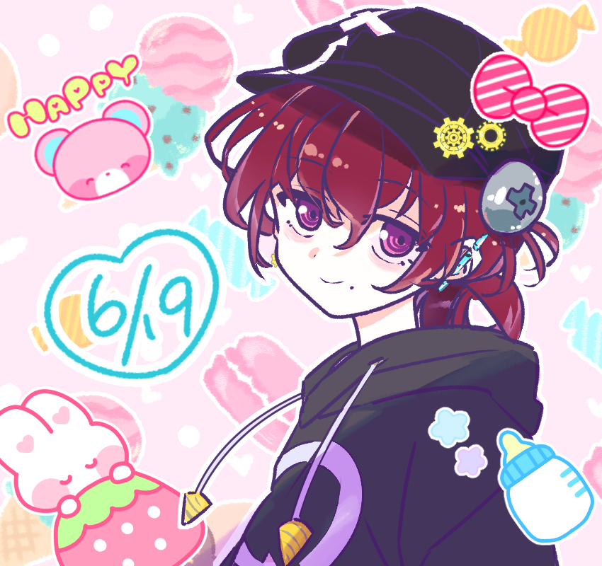 1girl, 90_sik, bangs, black_headwear, black_hoodie, bottle, cabbie_hat, closed_mouth