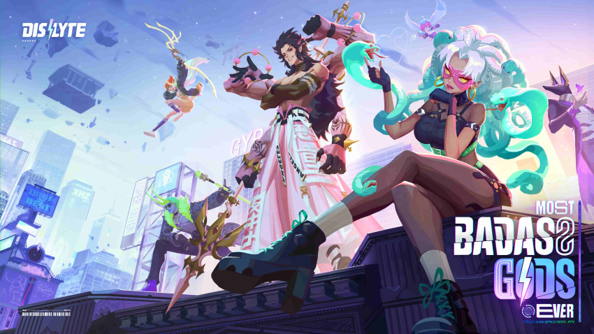 2girls, 4boys, absurdres, angel_wings, bare_legs, beanie, black_footwear, black_hair