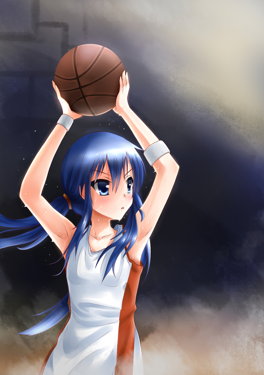 1girl, armband, armpits, basketball, basketball_ball, basketball_uniform, black_background, blue_eyes, blue_hair, hand_up, looking_at_another, original, solo, sweat, sweating, sweating_profusely