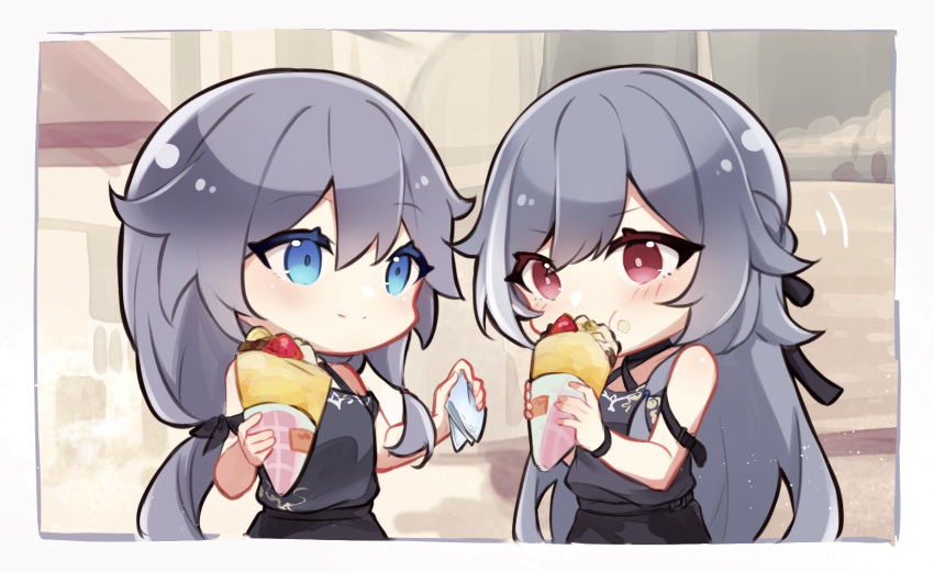 2girls, bangs, banned_artist, bare_shoulders, black_hair, black_shirt, blue_eyes, border