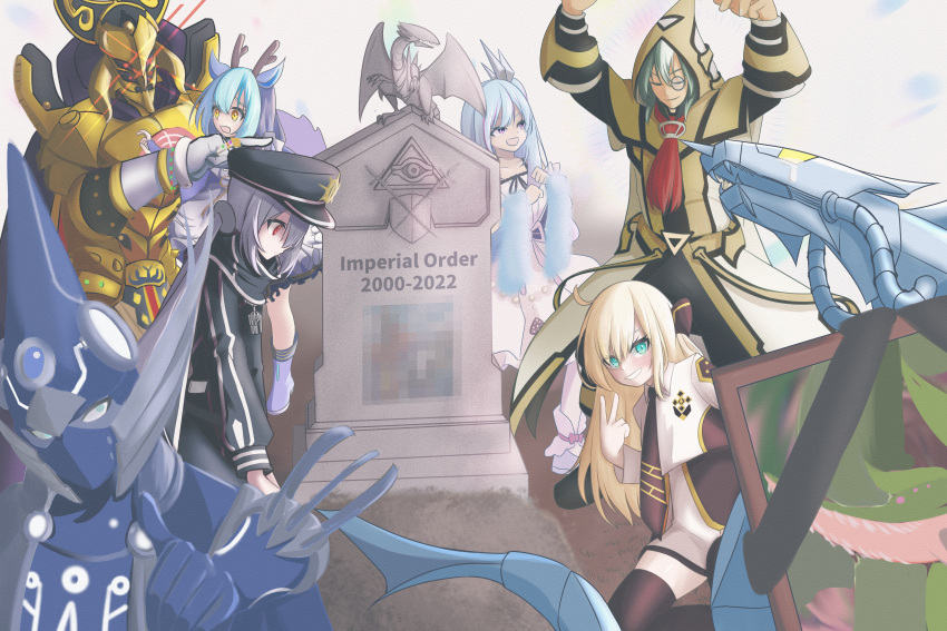 1other, 3boys, 4girls, absurdres, aleister_the_invoker, arms_up, black_hair, black_shirt, blonde_hair, blue-eyes_white_dragon, blue_hair, censored, chinese_commentary, cyber_dragon, death5034, decode_talker, dragon_girl, dragon_horns, duel_monster, eldlich_the_golden_lord, english_text, extra_eyes, eye_of_horus, gameplay_mechanics, glowing, glowing_eyes, grant_gustin_next_to_oliver_queen's_grave_(meme), grave, green_eyes, green_hair, hat, highres, horns, imperial_order, kneeling, laundry_dragonmaid, looking_at_viewer, mecha, meme, military, military_hat, military_uniform, monocle, mosaic_censoring, multiple_boys, multiple_girls, object_request, photo-referenced, pointing_at_another, portrait_(object), predaplant_verte_anaconda, red_eyes, robe, robot, shirt, sky_striker_ace_-_raye, sky_striker_ace_-_roze, smile, tears, thumbs_up, tombstone, uniform, v, white_shirt, witchcrafter_madame_verre, yu-gi-oh!