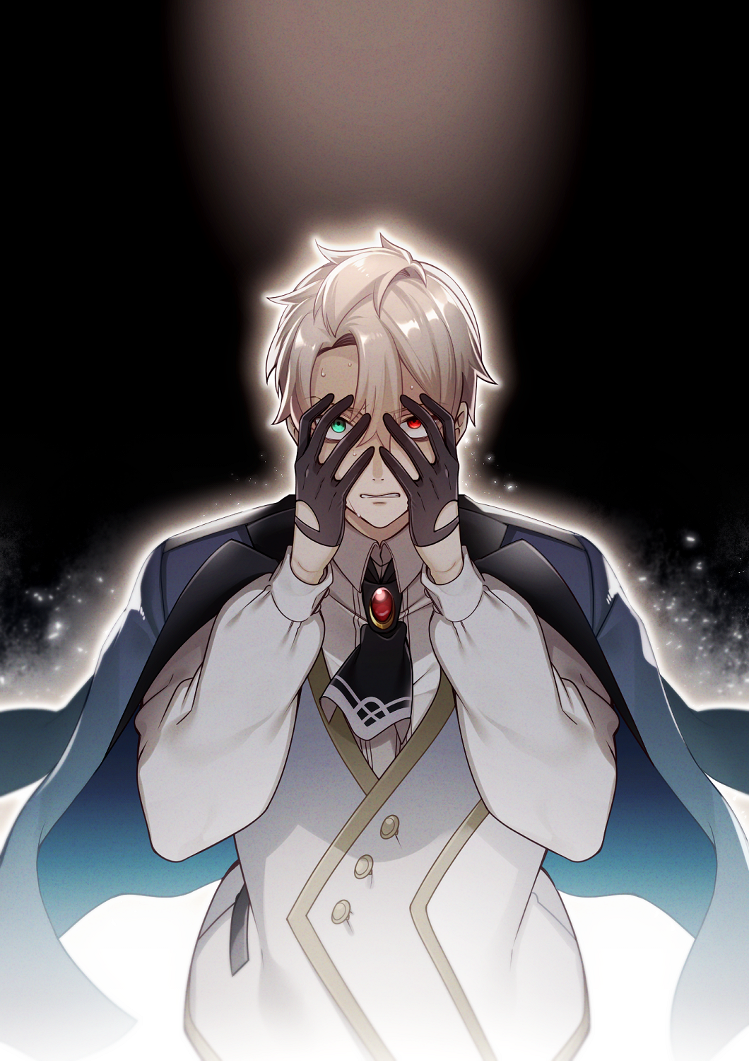 1boy, ascot, bangs, black_ascot, black_gloves, black_jacket, blonde_hair, brooch