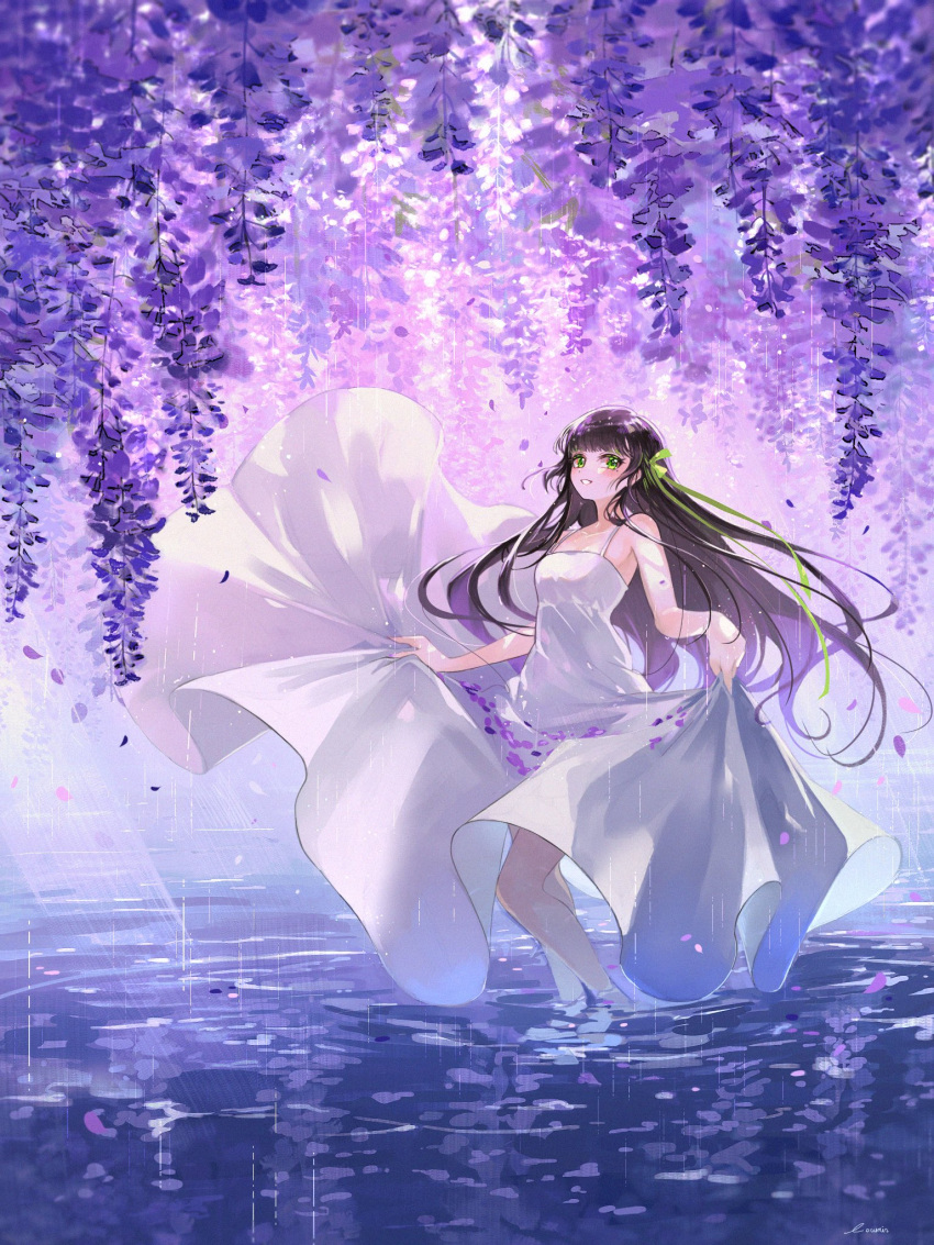 1girl, :d, bangs, black_hair, blunt_bangs, dress, falling_petals, feet_out_of_frame