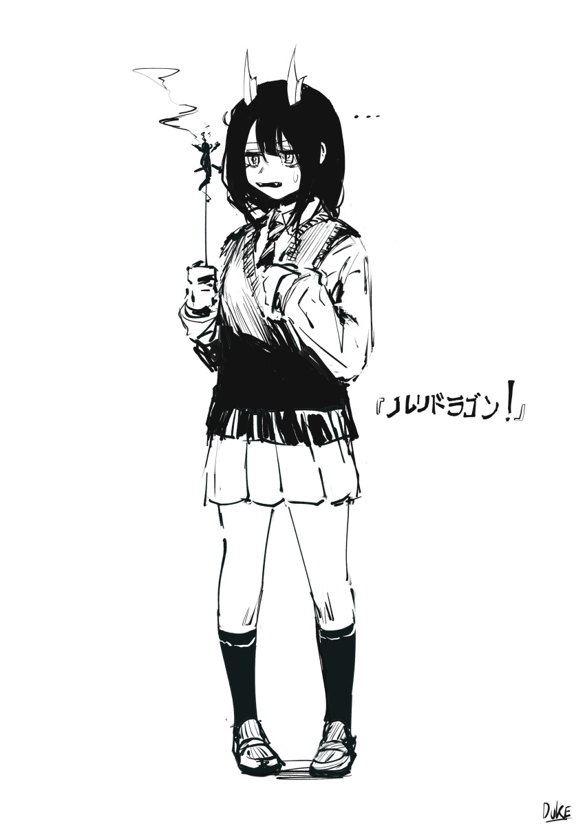 1girl, absurdres, aoki_ruri, bangs, calf_socks, collared_shirt, copyright_name, destorys, dragon_girl, dragon_horns, fangs, full_body, greyscale, hatching_(texture), highres, horns, loafers, long_sleeves, medium_hair, medium_skirt, monochrome, necktie, parted_bangs, pleated_skirt, ruri_dragon, school_uniform, shirt, shoes, simple_background, skirt, slit_pupils, smoke, socks, solo, sweatdrop, swept_bangs, vest, white_background