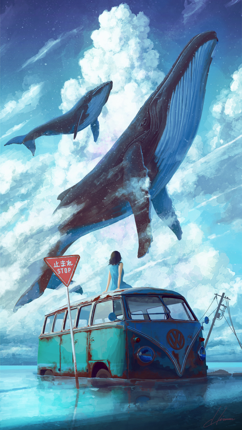 1girl, absurdres, black_dress, blue_dress, bus, dress, ground_vehicle, highres