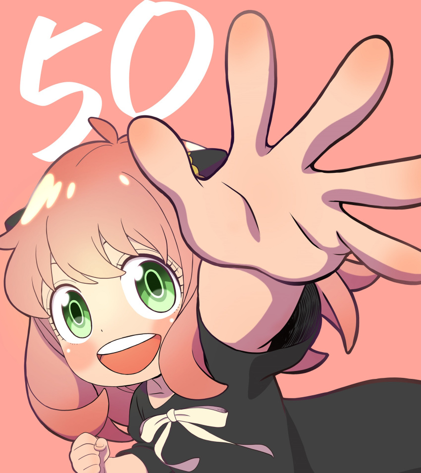 1girl, :d, anya_(spy_x_family), asano_kyouji, black_dress, blush, commentary_request, dress