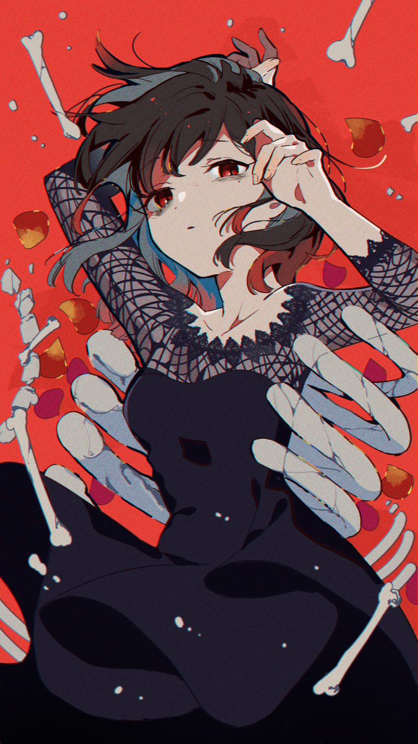 1girl, absurdres, arms_up, bags_under_eyes, black_dress, bone, brown_hair, chromatic_aberration