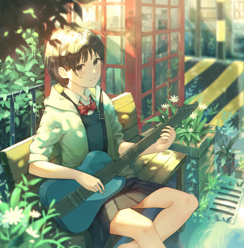 1girl, absurdres, aoi_aioi, bangs, bench, black_eyes, black_hair, blush