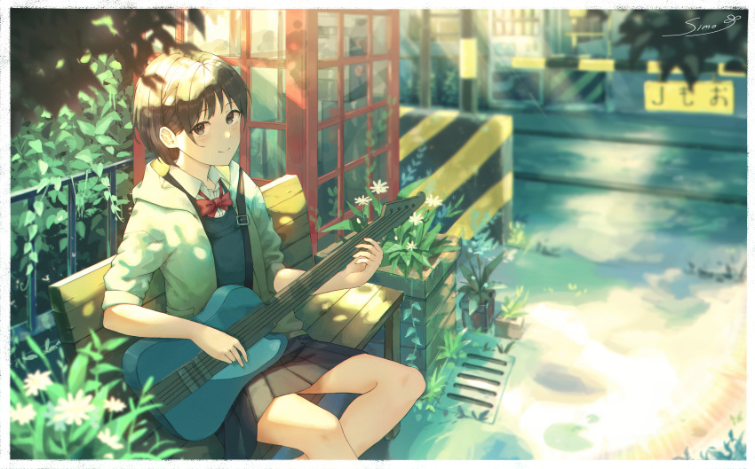 1girl, absurdres, aoi_aioi, bangs, bench, black_eyes, black_hair, blush