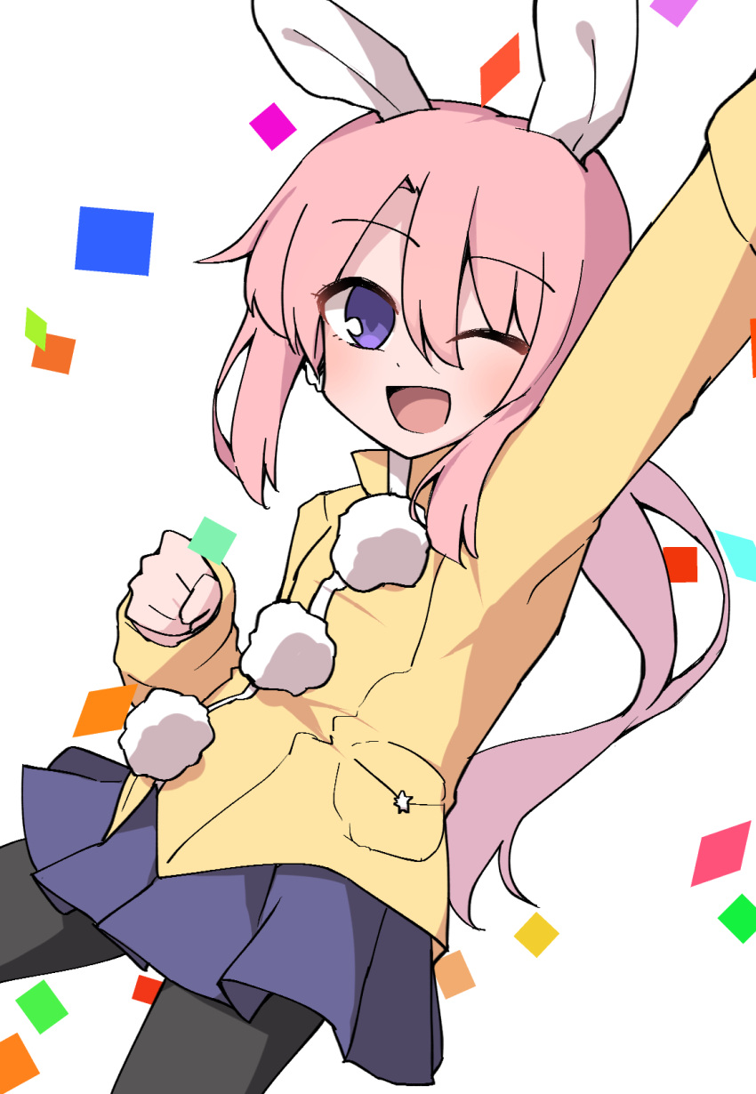 100_percent_orange_juice, 1girl, actgw909, animal_ears, arm_up, clenched_hand, coat, eyebrows_visible_through_hair, happy, highres, long_hair, nico_(orange_juice), one_eye_closed, open_mouth, pink_hair, qp_shooting, rabbit_ears, skirt, solo_focus, thigh-highs, violet_eyes, white_background, yellow_coat