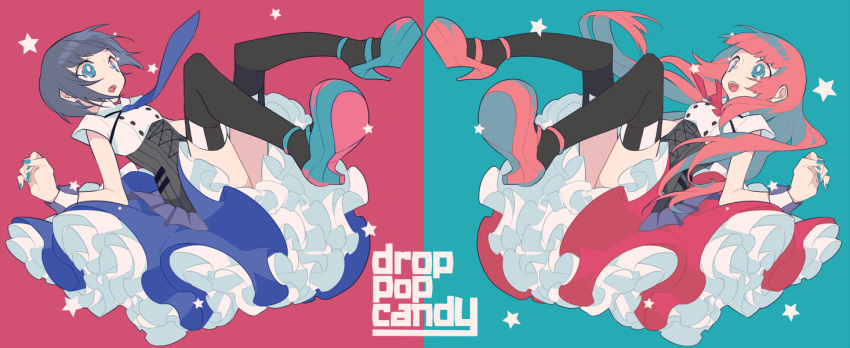 2girls, aqua_background, aqua_eyes, aqua_footwear, aqua_nails, bangs, black_corset, black_legwear, blue_necktie, blue_skirt, blunt_bangs, commentary, corset, dark_blue_hair, drop_pop_candy_(vocaloid), english_text, flat_color, frilled_skirt, frills, high_heels, long_hair, mochizuki_kei, multiple_girls, necktie, official_art, open_mouth, pink_background, pink_footwear, pink_hair, pink_skirt, short_hair, short_sleeves, simple_background, skirt, song_name, star_(symbol), symmetry, teeth, two-tone_background, upper_teeth, very_long_hair, wrist_cuffs, zettai_ryouiki