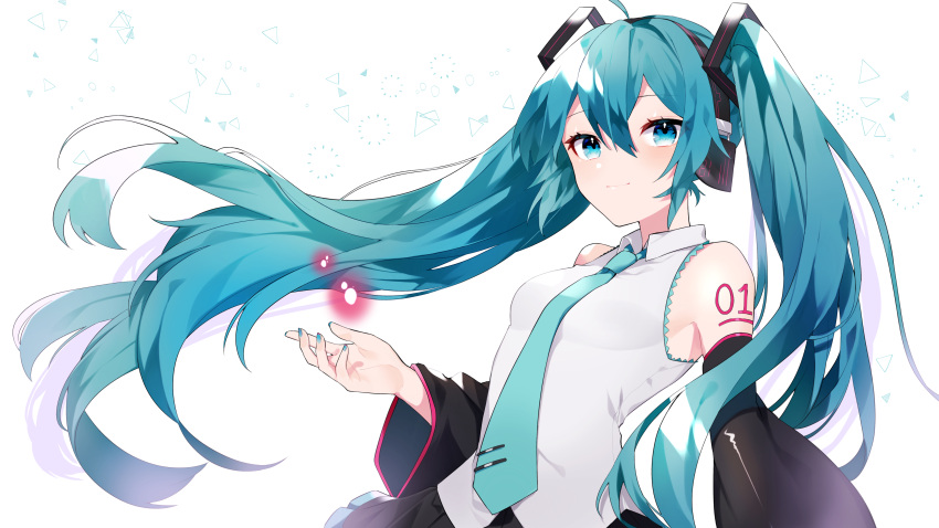 1girl, absurdres, ahoge, aqua_hair, aqua_nails, aqua_necktie, bare_shoulders, between_breasts