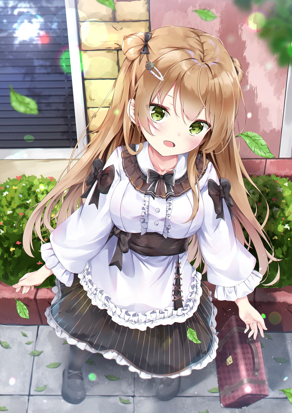 1girl, black_bow, black_bowtie, black_footwear, black_legwear, bow, bowtie, brown_hair