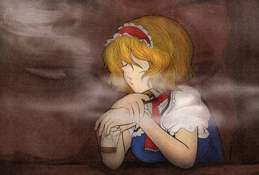 1girl, absurdres, alcohol, alice_margatroid, bangs, blonde_hair, blue_dress, breasts