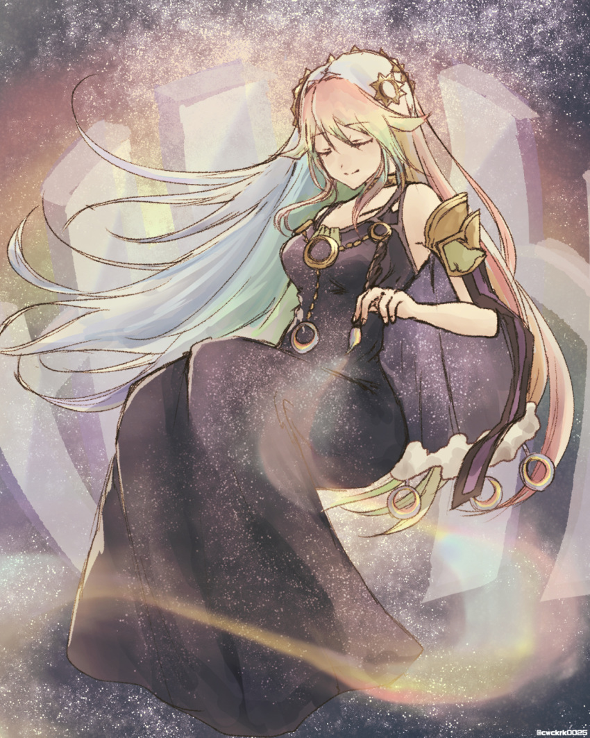 1girl, bare_shoulders, black_dress, blonde_hair, cape, closed_eyes, crystal, dress, duel_monster, gradient_hair, green_hair, highres, holding, long_dress, long_hair, multicolored_hair, orange_hair, pointy_ears, rainbow, rainbow_hair, redhead, sitting, smile, solo, the_weather_painter_moonbow, tsui_(keruko2417), twitter_username, wind, yu-gi-oh!