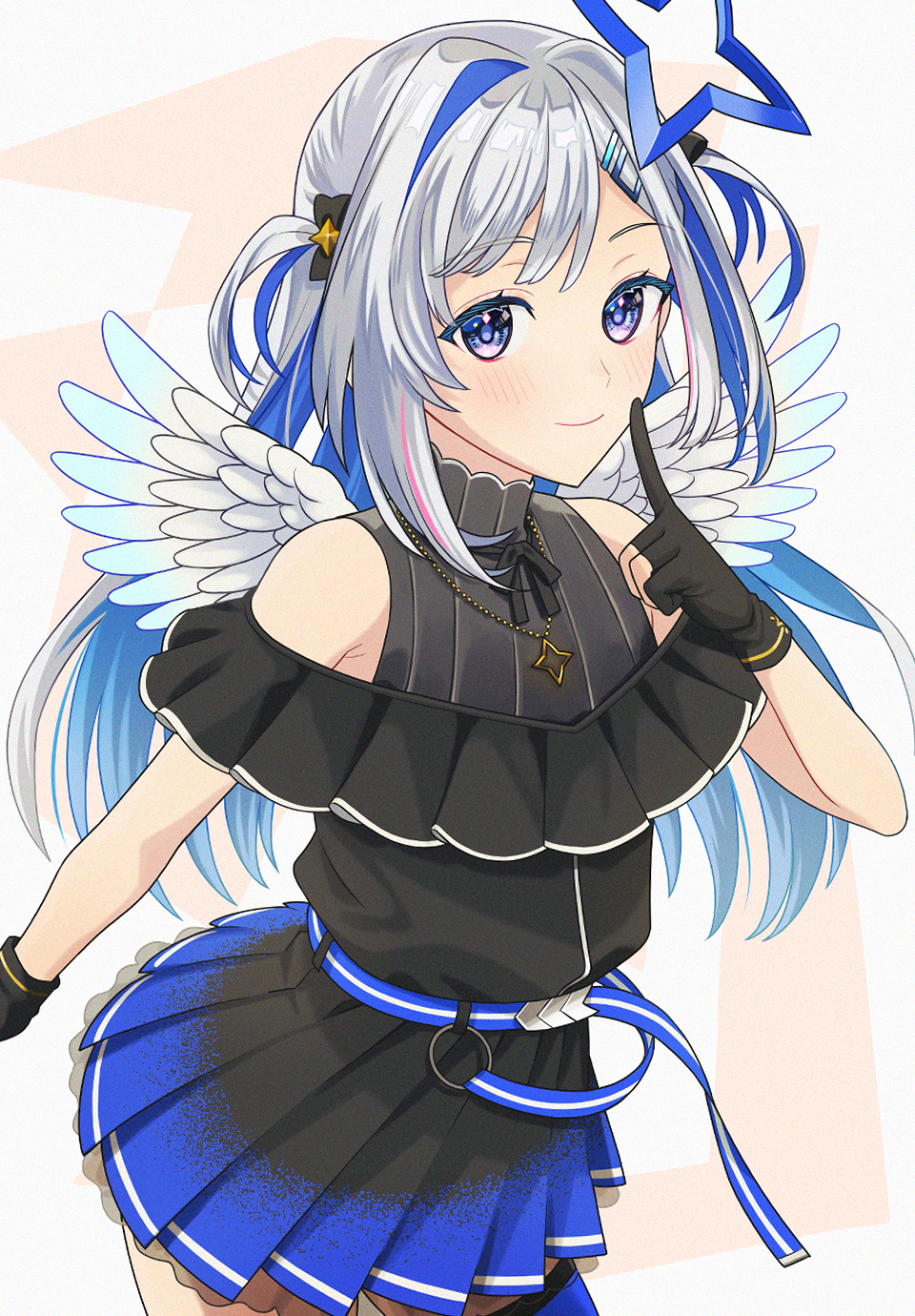 1girl, amane_kanata, angel, angel_wings, asymmetrical_bangs, asymmetrical_hair, bangs, belt, black_dress, black_gloves, blue_belt, blue_hair, blue_wings, colored_inner_hair, commentary_request, dress, feathered_wings, frilled_dress, frills, gloves, gradient, gradient_wings, grey_hair, hair_ornament, hairclip, halo, highres, hololive, long_hair, memenda_mori, mini_wings, multicolored_hair, multicolored_wings, pink_hair, single_hair_intake, solo, star_halo, streaked_hair, turtleneck, turtleneck_dress, two_side_up, violet_eyes, virtual_youtuber, white_wings, wings