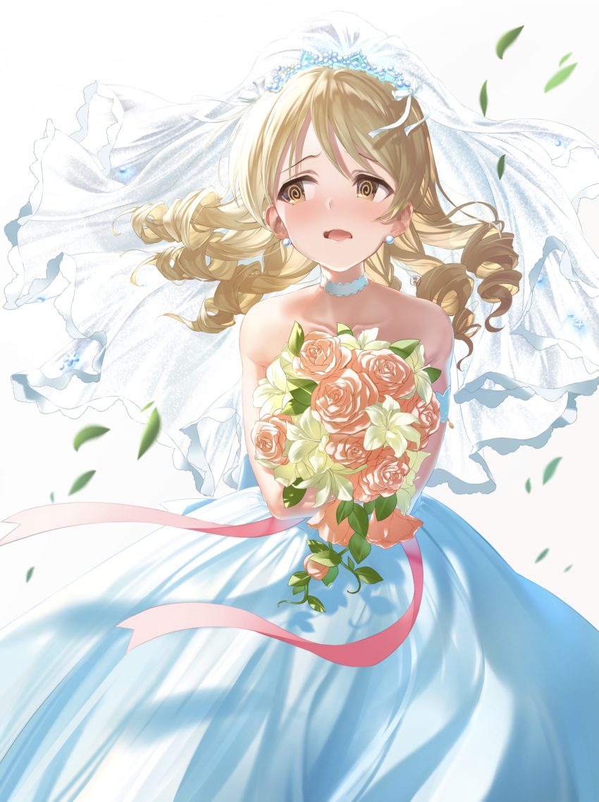 1girl, @_@, absurdres, bare_shoulders, blonde_hair, blush, bouquet, bridal_veil
