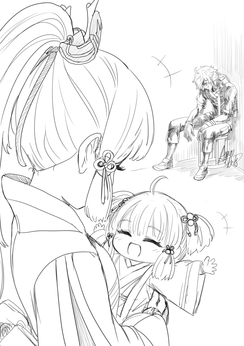 1boy, 2girls, absurdres, aepuru_arts, aether_(genshin_impact), chibi, exhausted, father_and_daughter