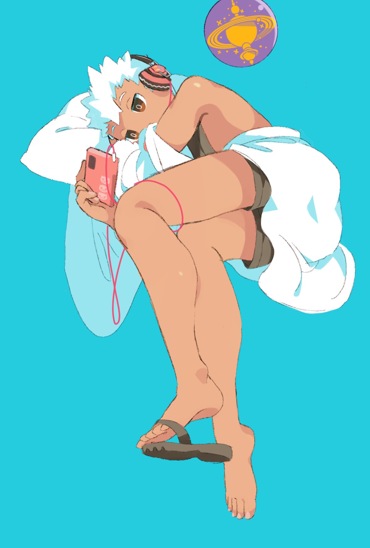 1boy, blue_background, brown_eyes, brown_shorts, commentary_request, duo_(housamo), floating, floating_object