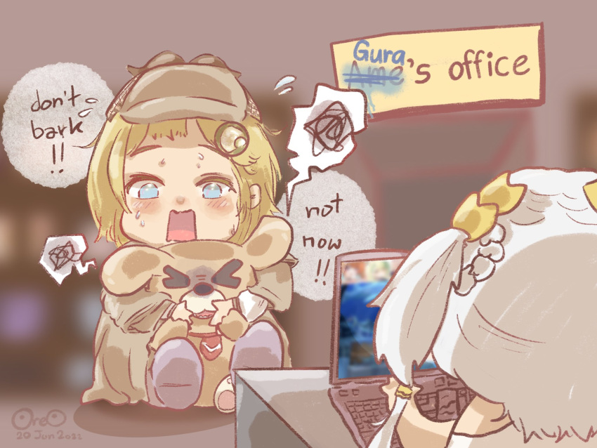 >_<, blonde_hair, blue_eyes, blurry, bubba_(watson_amelia), computer, d:, dog, fernroreo, hair_ornament, hat, highres, hololive, hololive_english, jacket, laptop, sign, signature, speech_bubble, toga, watson_amelia, white_hair