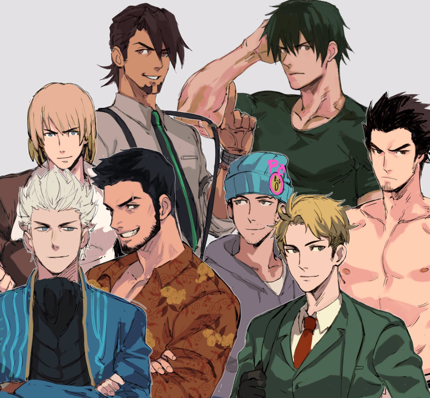 ace_attorney, beanie, black_hair, blonde_hair, blue_eyes, bomber_jacket, brown_eyes, brown_hair