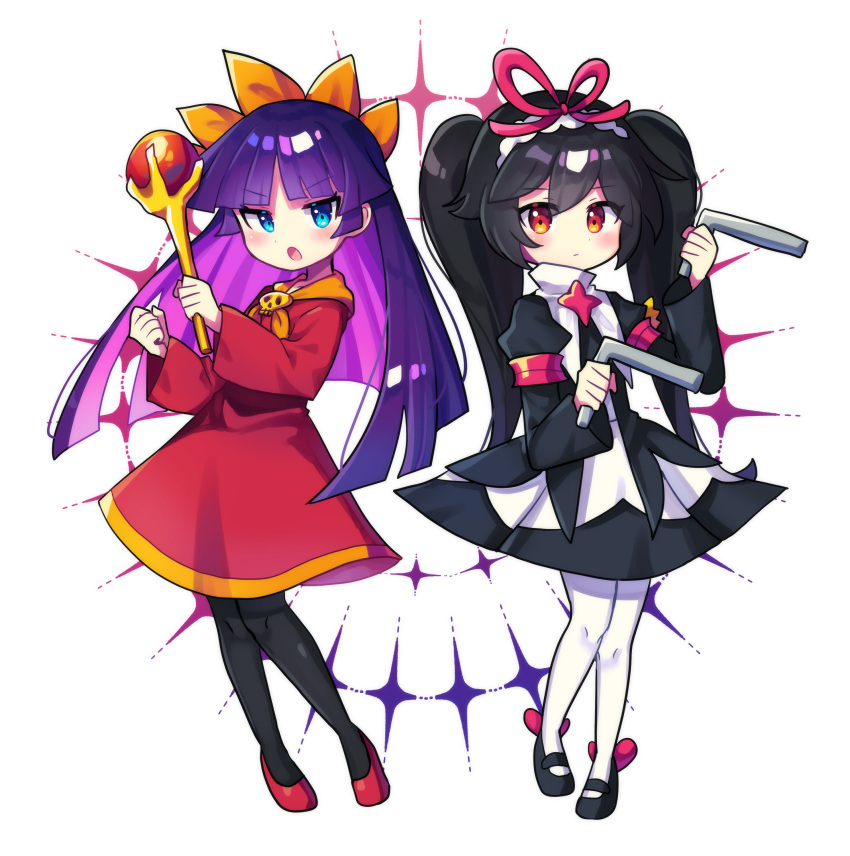 2girls, absurdres, alternate_costume, ashley_(warioware), ashley_(warioware)_(cosplay), bangs, black_footwear, black_hair, black_legwear, blue_eyes, blunt_bangs, closed_mouth, cosplay, expressionless, feli_(puyopuyo), feli_(puyopuyo)_(cosplay), highres, long_hair, long_sleeves, multiple_girls, offbeat, open_mouth, pantyhose, purple_hair, puyopuyo, red_eyes, red_footwear, twintails, warioware, white_legwear