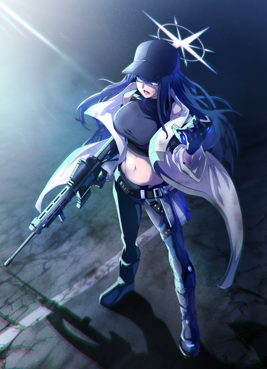 1girl, absurdres, assault_rifle, baseball_cap, black_hair, black_pants, black_shirt, blue_archive