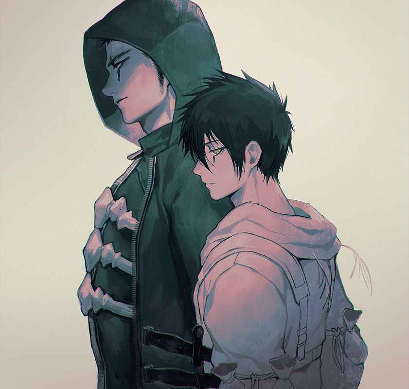 2boys, antennae, bangs, black_hair, closed_mouth, dagger, dokuga, dorohedoro