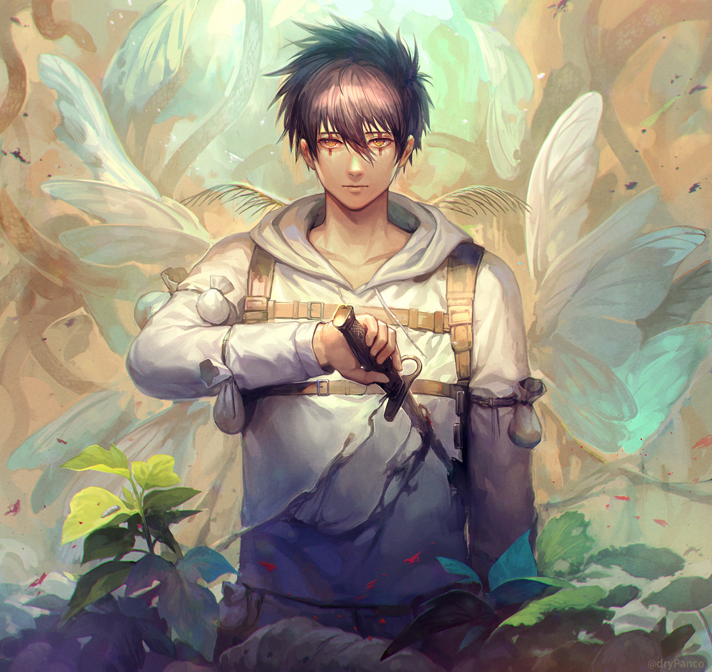 1boy, antennae, arm_at_side, bangs, black_hair, blood, closed_mouth, cowboy_shot
