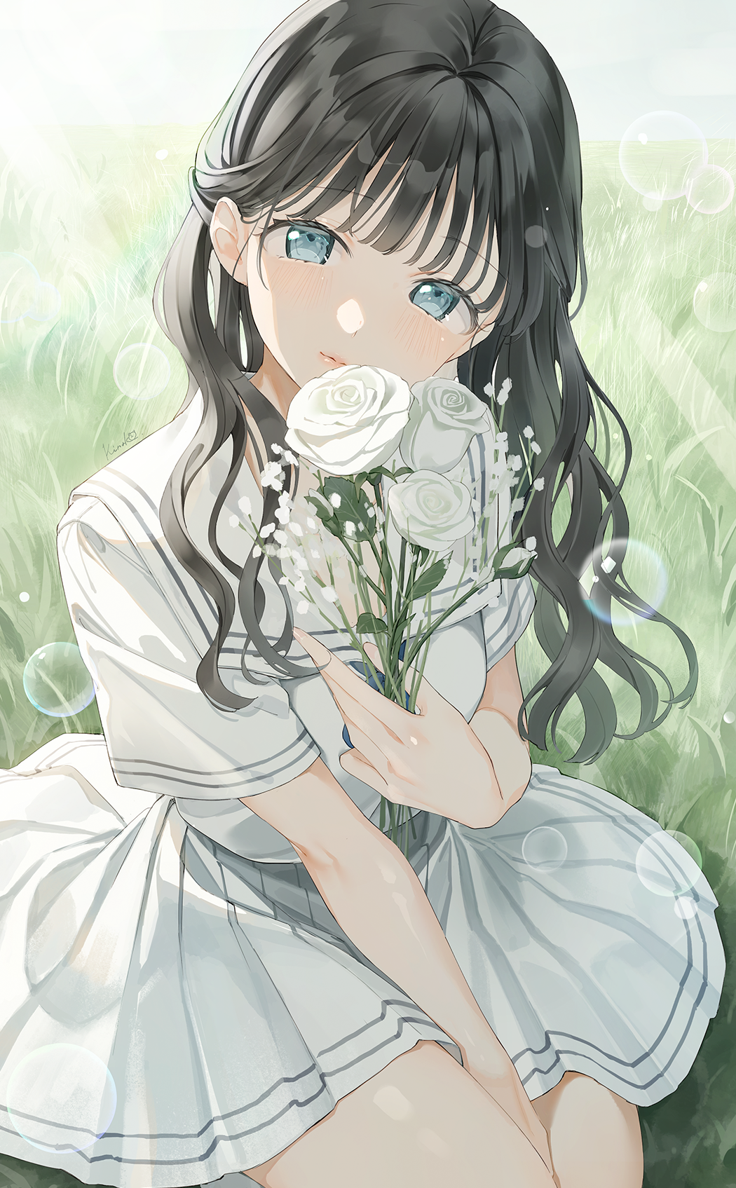 1girl, bangs, black_hair, blue_eyes, closed_mouth, commentary_request, day, flower