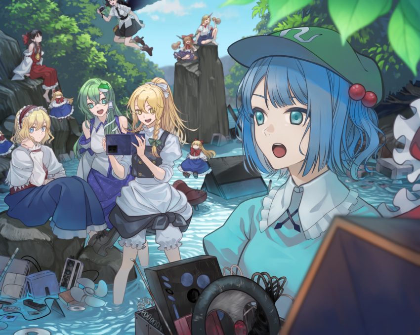 6+girls, :/, :o, alice_margatroid, alternate_hairstyle, apron, ascot, bird_wings