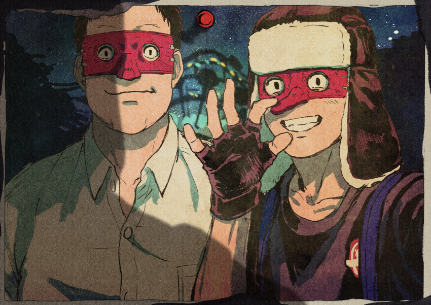 2boys, black_gloves, black_shirt, collared_shirt, dorohedoro, dress_shirt, eye_mask, fingerless_gloves, fujita_(dorohedoro), gloves, grin, hand_up, hat, highres, iwamushi, looking_at_viewer, male_focus, mask, matsumura_(dorohedoro), multiple_boys, night, night_sky, outstretched_arm, photo_(object), reaching_out, shirt, short_sleeves, shorts, sky, smile, t-shirt, taking_picture, white_shirt