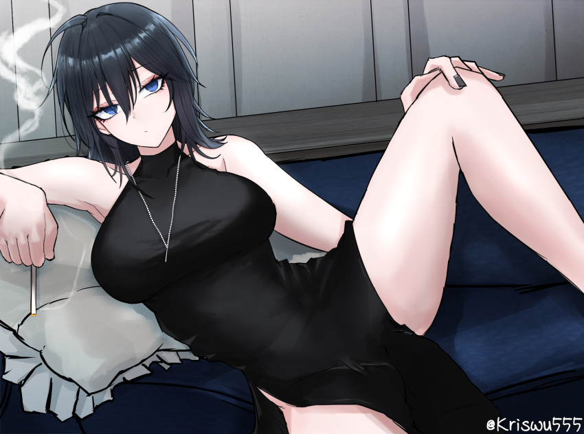 1girl, armpits, black_dress, black_hair, blue_eyes, borrowed_character, breasts, cigarette, dress, expressionless, hand_on_own_knee, highres, indoors, jewelry, large_breasts, legs, looking_at_viewer, loveya1224, lying, nail_polish, necklace, on_side, original, pillow, short_hair, smoke, smoking, solo, spread_legs, thighs, tsurime, twitter_username, yokoyama_ishimi