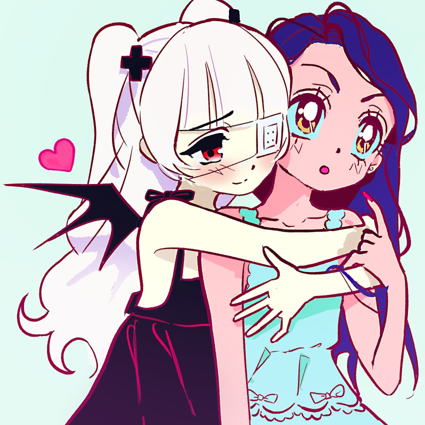2girls, black_dress, blue_hair, blush, brown_eyes, charlotte_(vivinos), cross_hair_ornament, curtained_hair